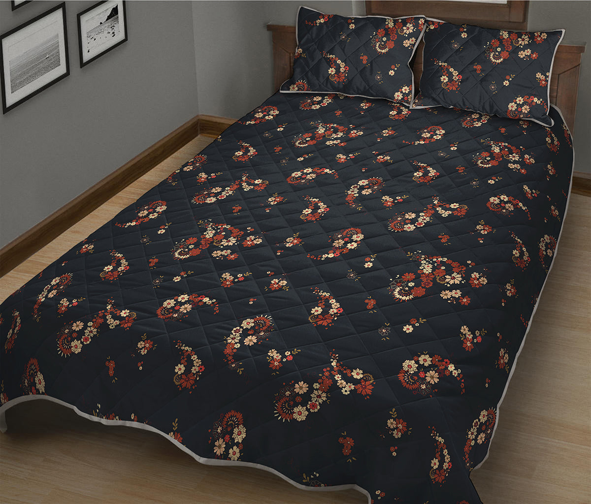 Boho Paisley Flower Pattern Print Quilt Bed Set
