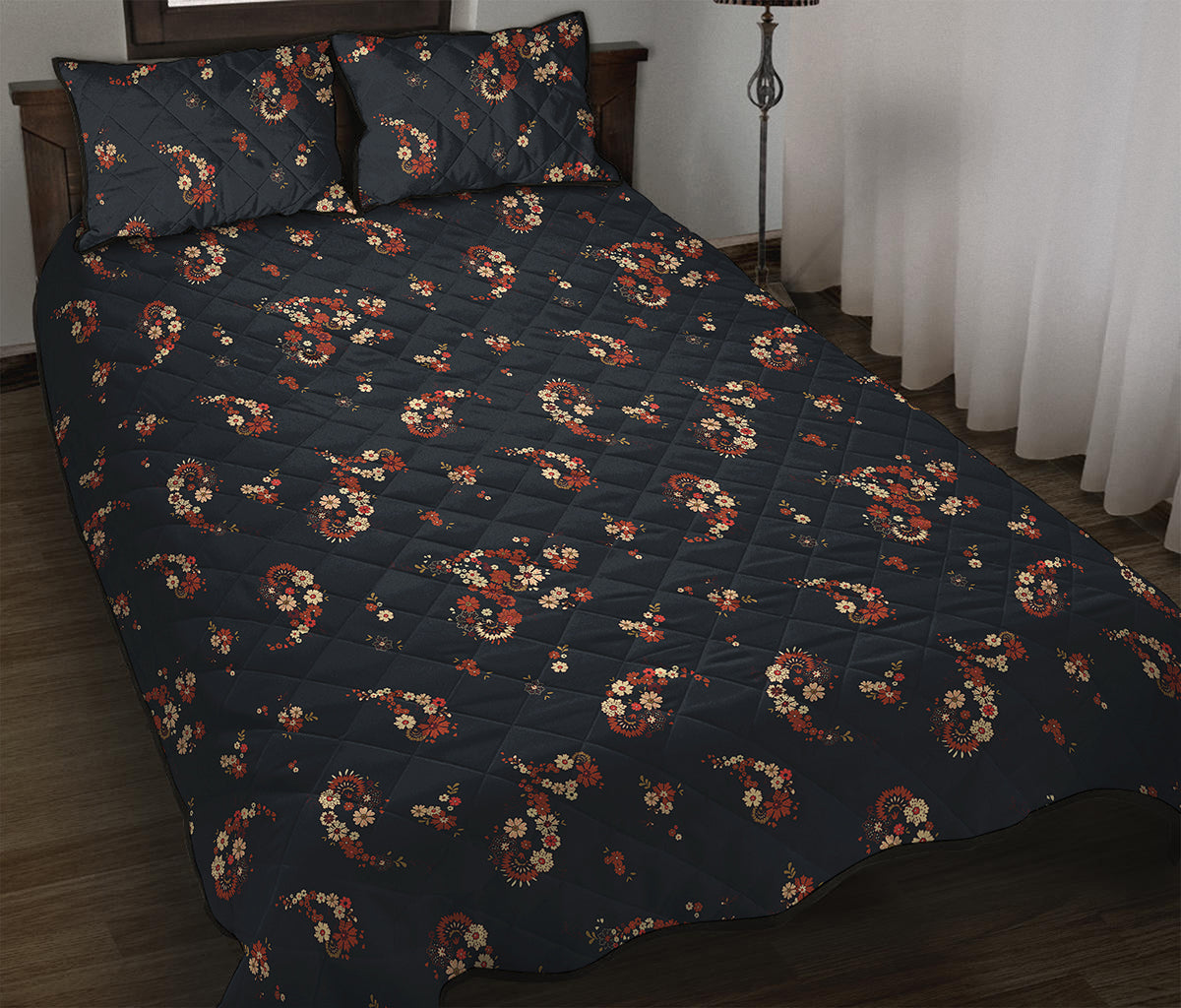 Boho Paisley Flower Pattern Print Quilt Bed Set