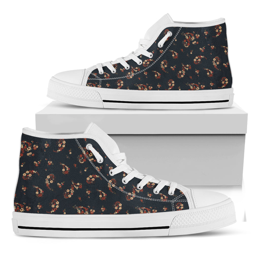 Boho Paisley Flower Pattern Print White High Top Shoes