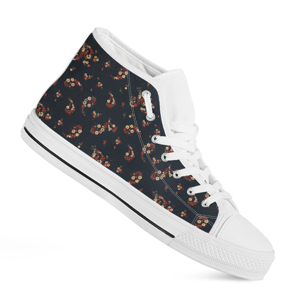 Boho Paisley Flower Pattern Print White High Top Shoes