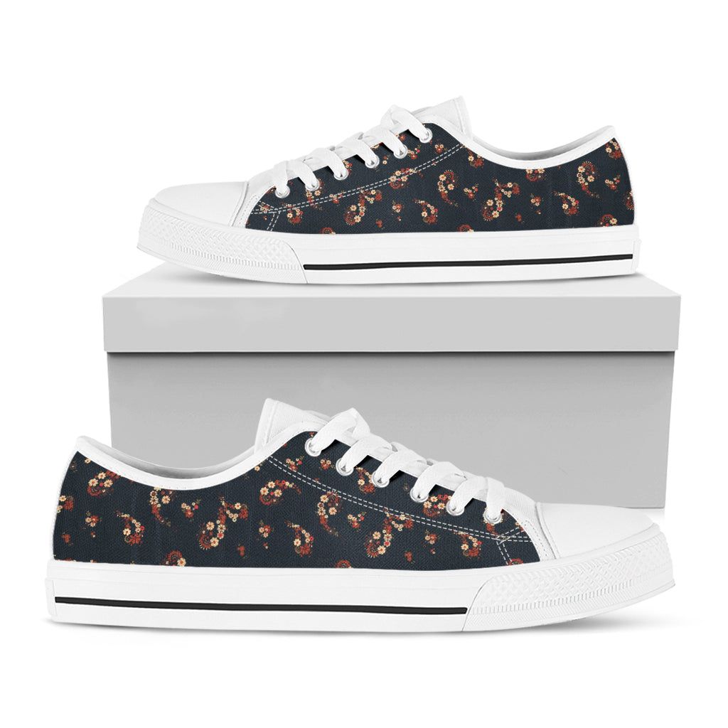 Boho Paisley Flower Pattern Print White Low Top Shoes