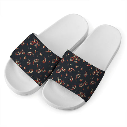 Boho Paisley Flower Pattern Print White Slide Sandals