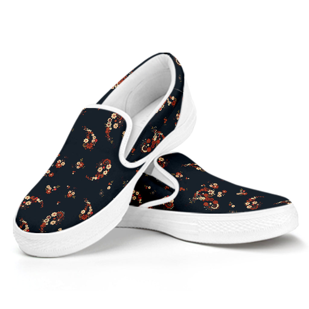 Boho Paisley Flower Pattern Print White Slip On Shoes