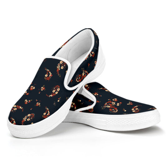 Boho Paisley Flower Pattern Print White Slip On Shoes