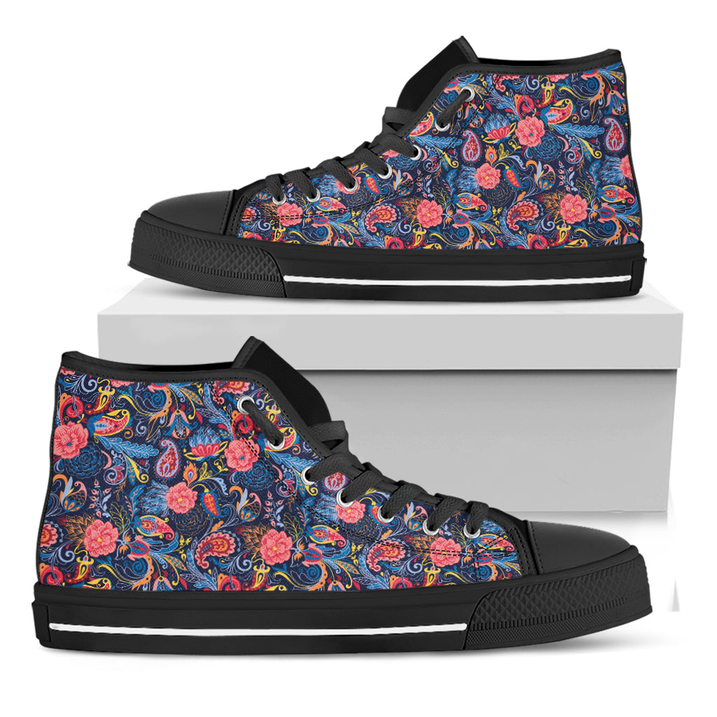 Boho Paisley Pattern Print Black High Top Shoes