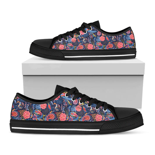 Boho Paisley Pattern Print Black Low Top Shoes