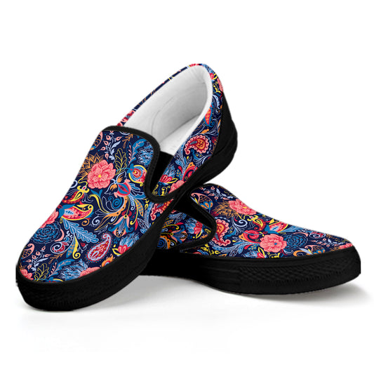 Boho Paisley Pattern Print Black Slip On Shoes