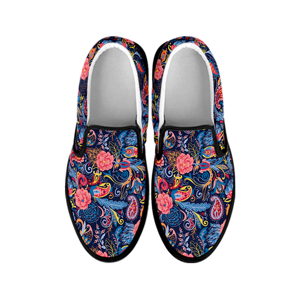 Boho Paisley Pattern Print Black Slip On Shoes