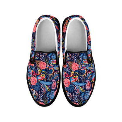 Boho Paisley Pattern Print Black Slip On Shoes