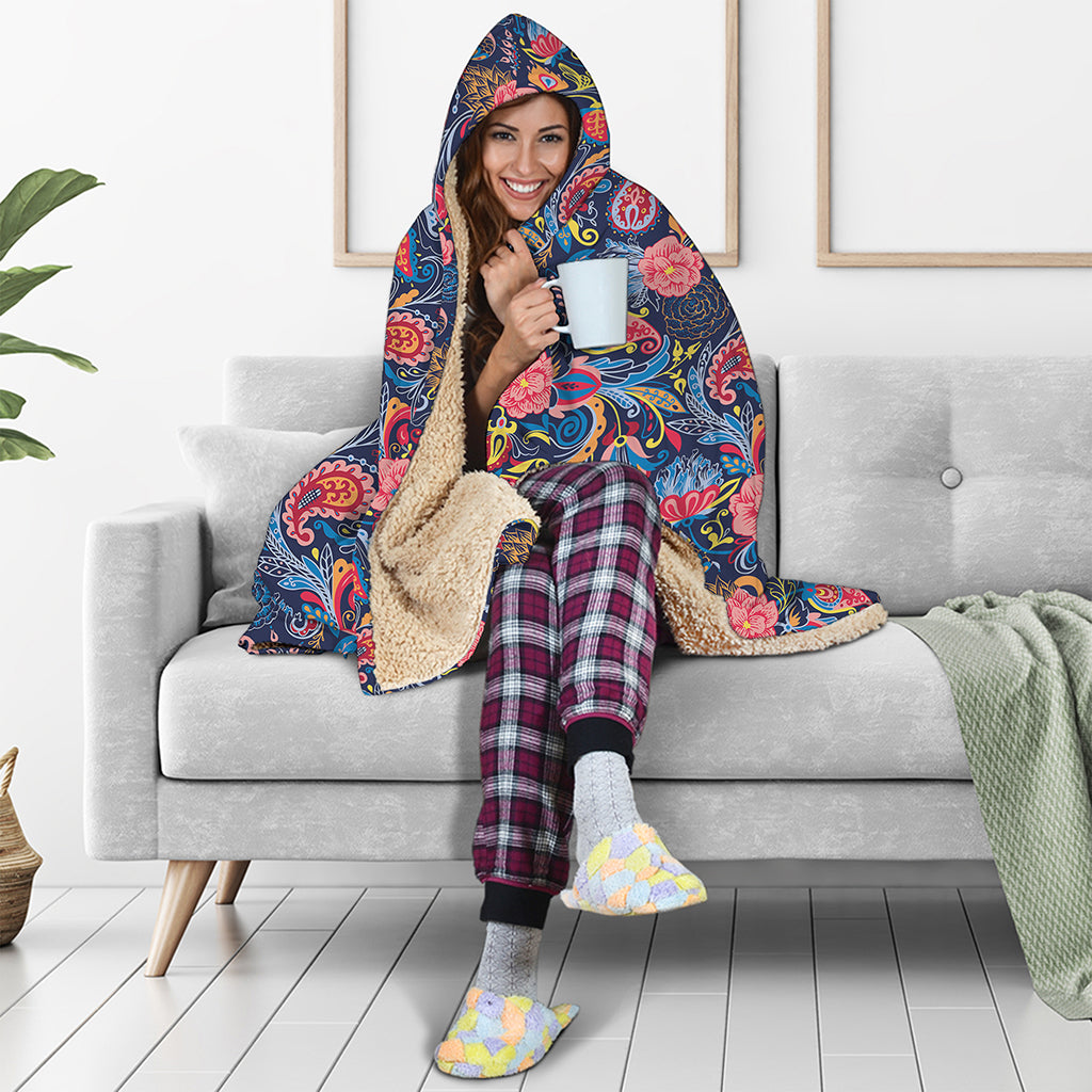 Boho Paisley Pattern Print Hooded Blanket