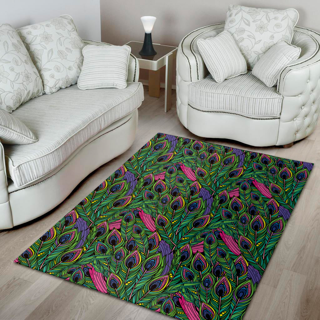 Boho Peacock Feather Pattern Print Area Rug