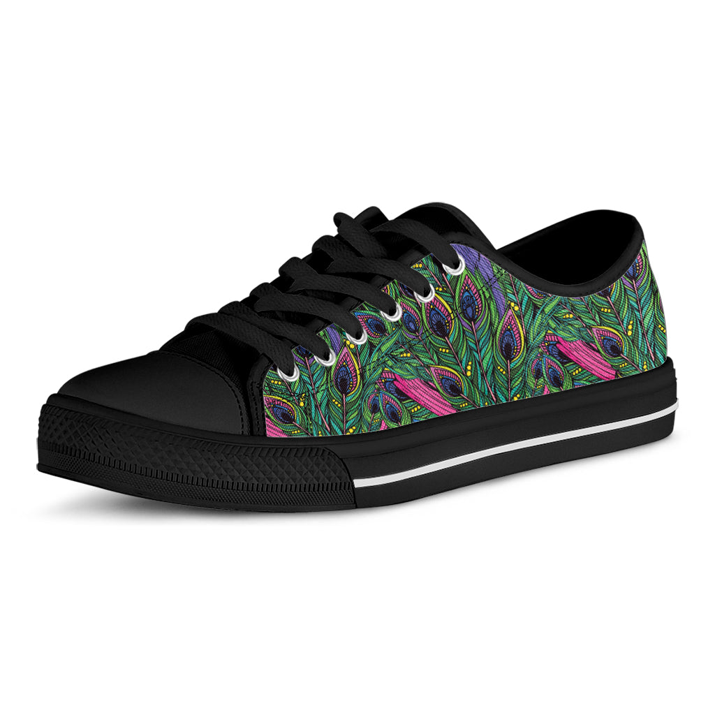 Boho Peacock Feather Pattern Print Black Low Top Shoes