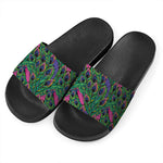 Boho Peacock Feather Pattern Print Black Slide Sandals
