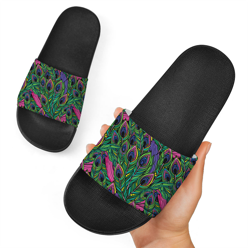 Boho Peacock Feather Pattern Print Black Slide Sandals