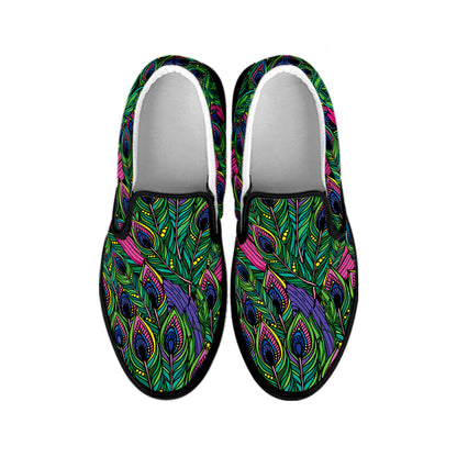 Boho Peacock Feather Pattern Print Black Slip On Shoes
