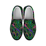 Boho Peacock Feather Pattern Print Black Slip On Shoes