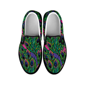 Boho Peacock Feather Pattern Print Black Slip On Shoes