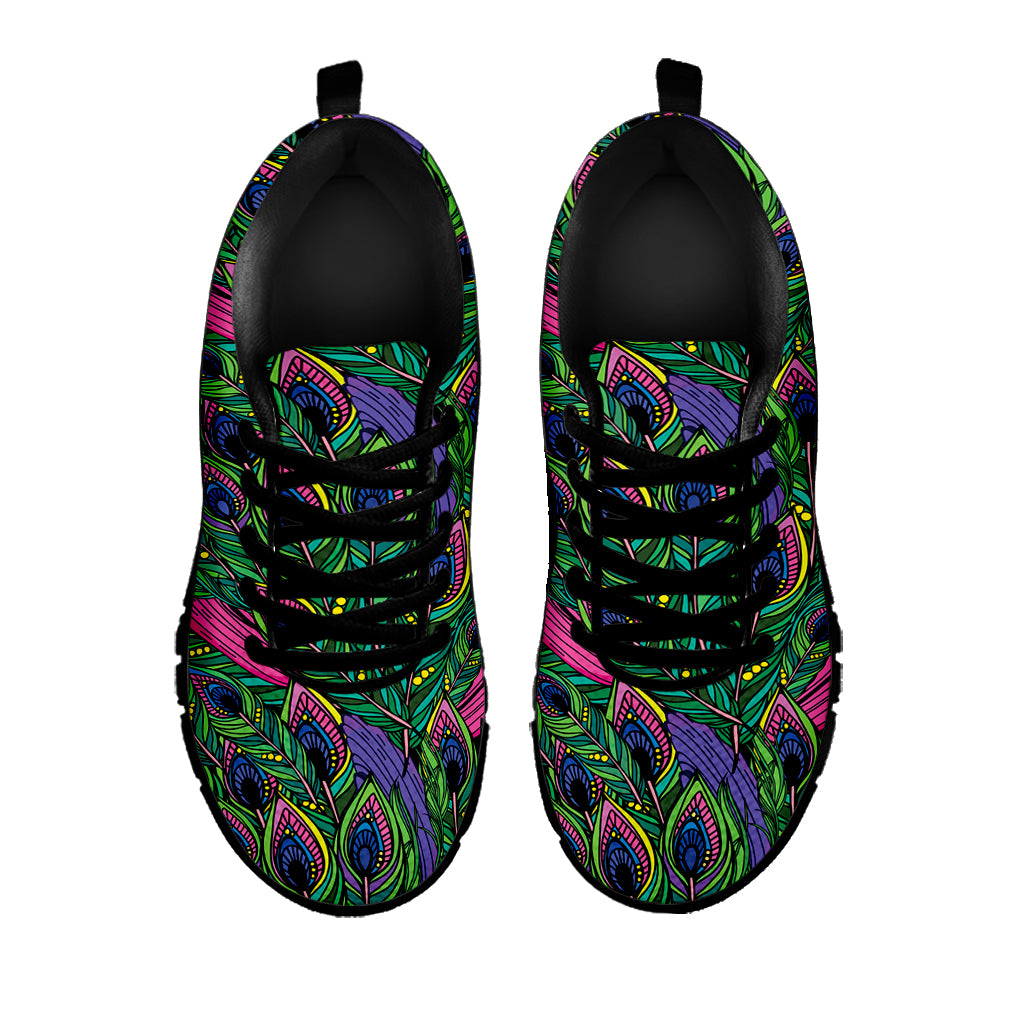 Boho Peacock Feather Pattern Print Black Sneakers