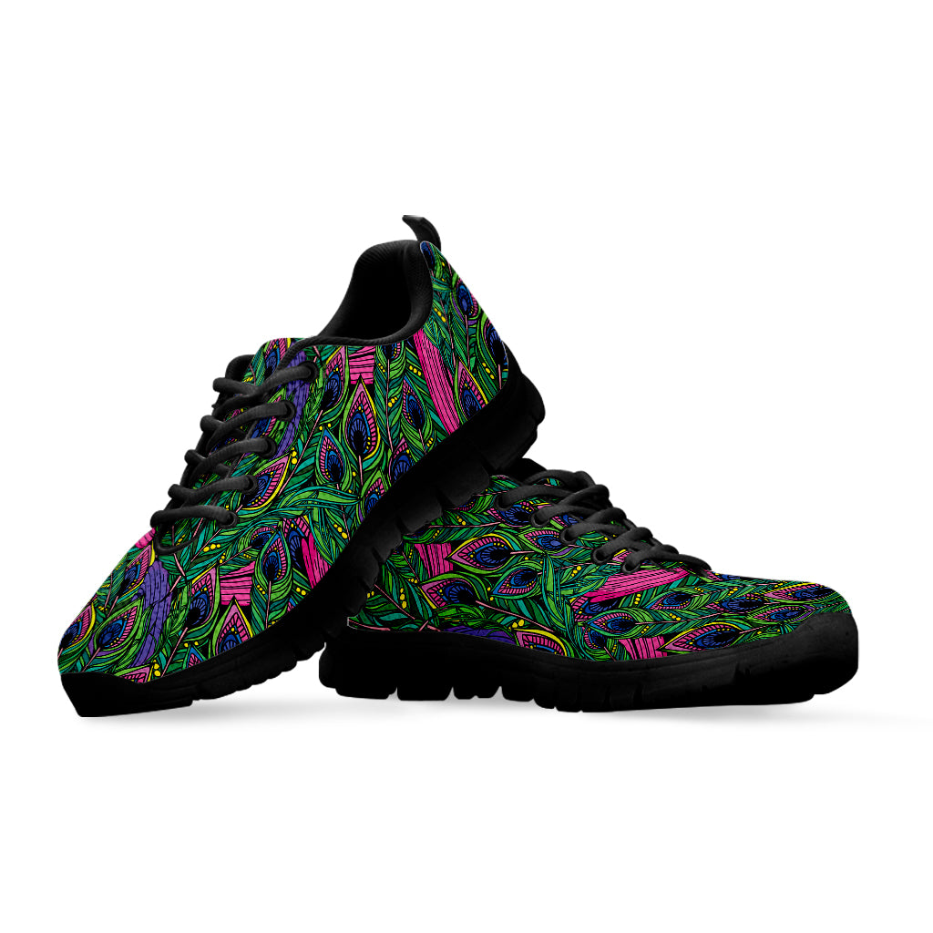 Boho Peacock Feather Pattern Print Black Sneakers