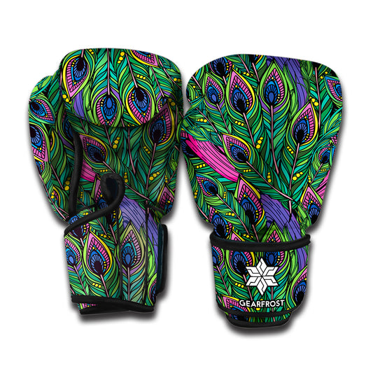 Boho Peacock Feather Pattern Print Boxing Gloves