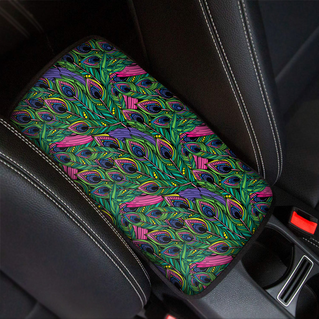 Boho Peacock Feather Pattern Print Car Center Console Cover