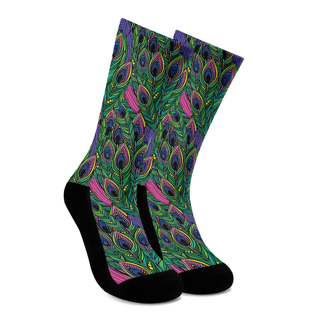 Boho Peacock Feather Pattern Print Crew Socks