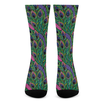 Boho Peacock Feather Pattern Print Crew Socks