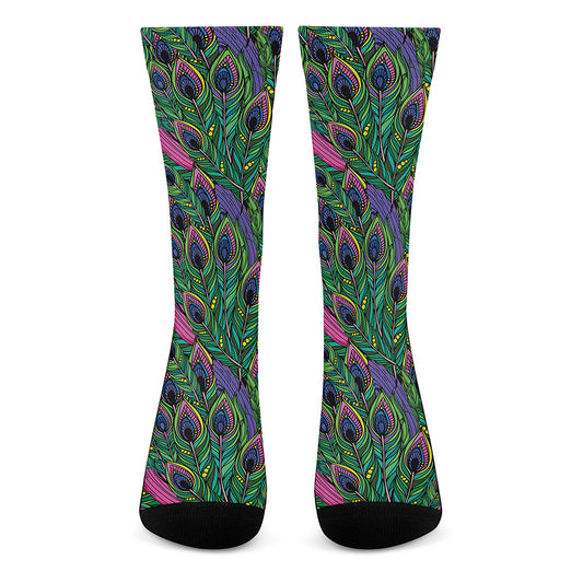 Boho Peacock Feather Pattern Print Crew Socks