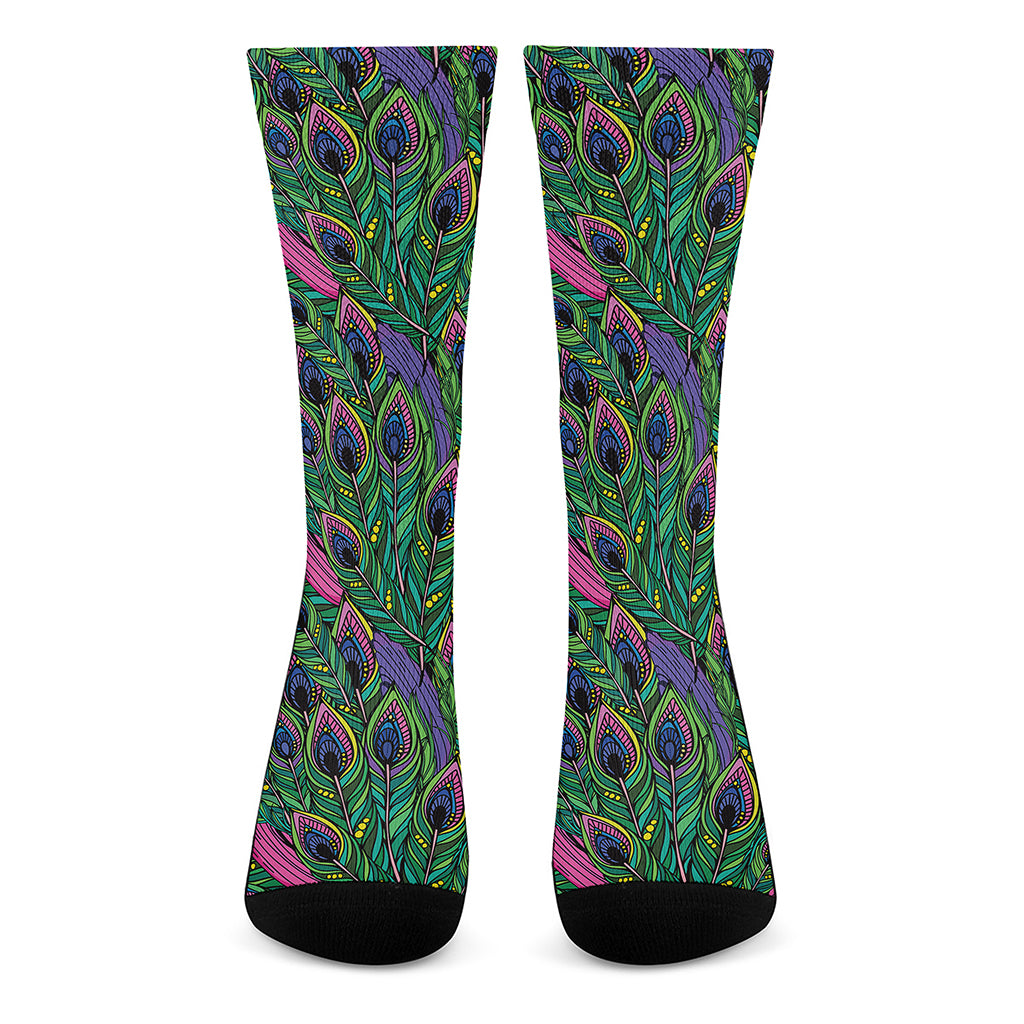 Boho Peacock Feather Pattern Print Crew Socks