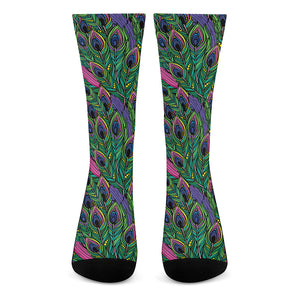 Boho Peacock Feather Pattern Print Crew Socks