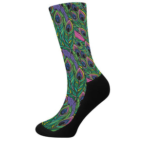 Boho Peacock Feather Pattern Print Crew Socks