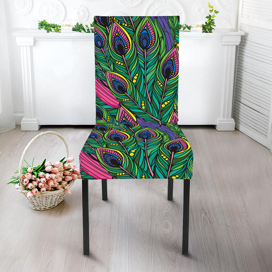 Boho Peacock Feather Pattern Print Dining Chair Slipcover
