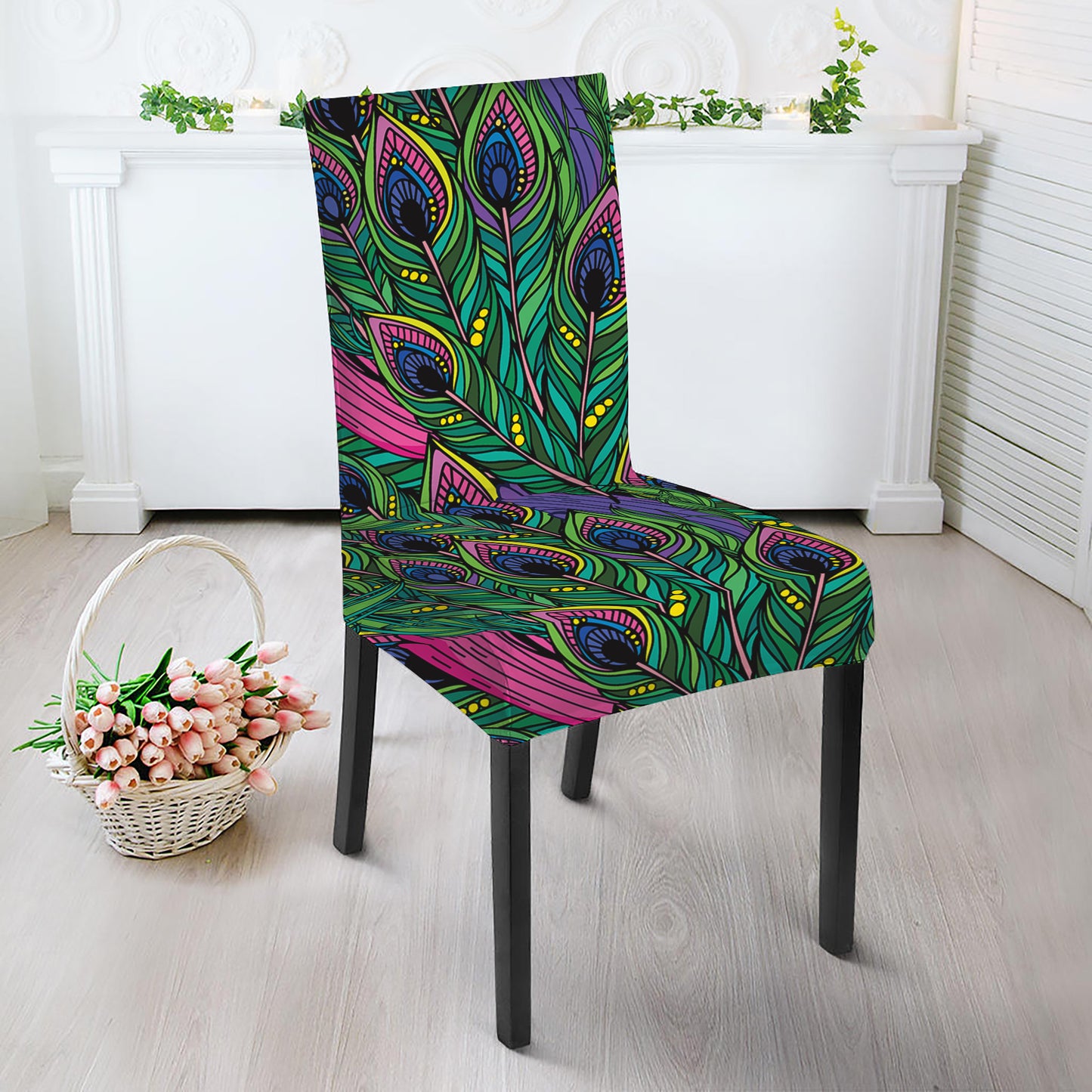 Boho Peacock Feather Pattern Print Dining Chair Slipcover