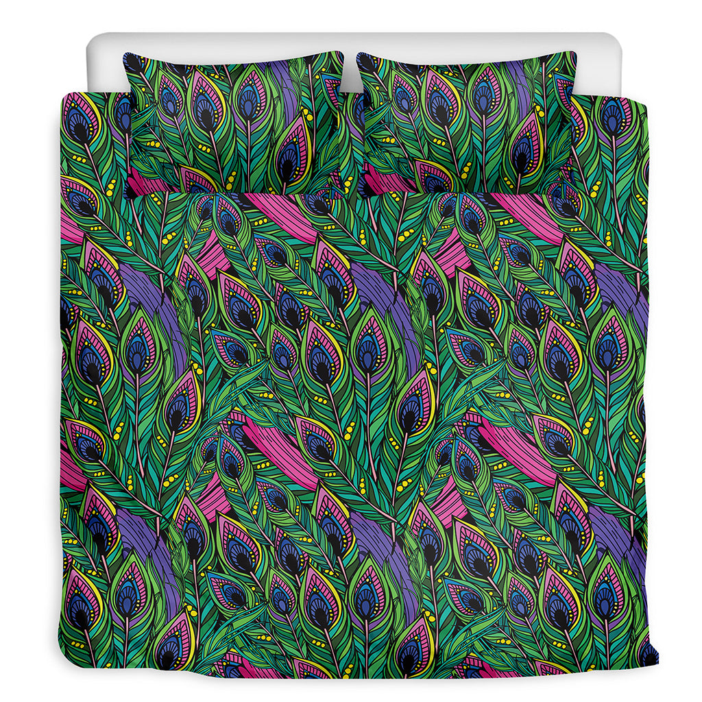 Boho Peacock Feather Pattern Print Duvet Cover Bedding Set