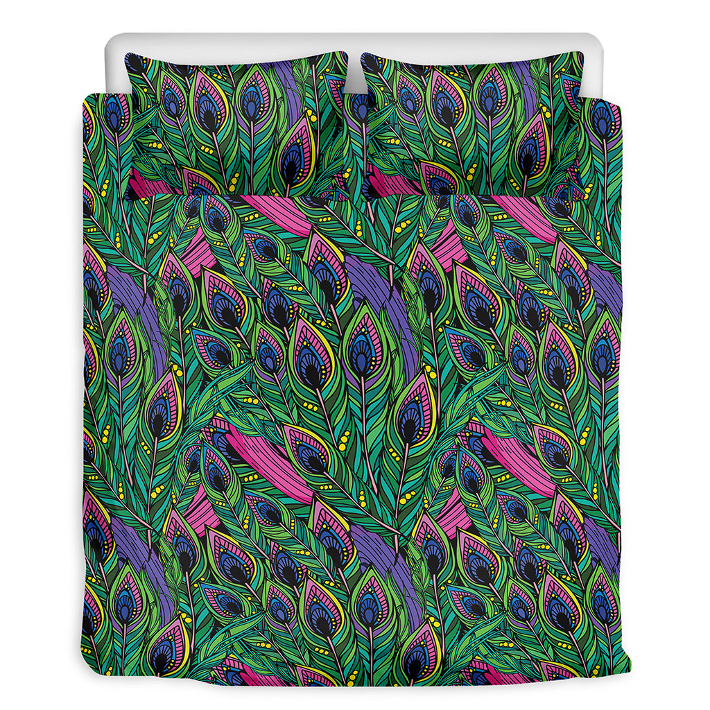Boho Peacock Feather Pattern Print Duvet Cover Bedding Set
