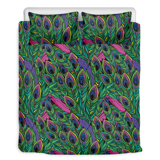 Boho Peacock Feather Pattern Print Duvet Cover Bedding Set