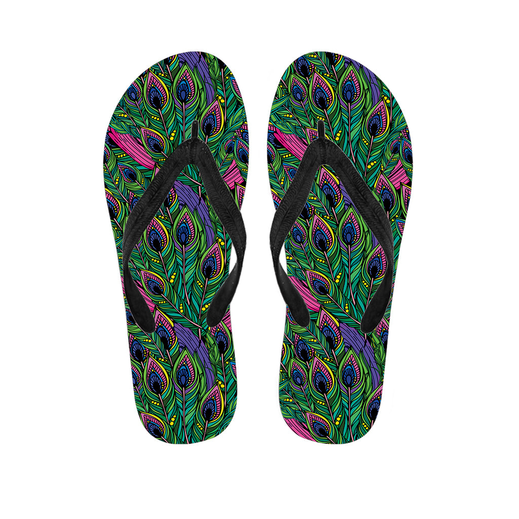 Boho Peacock Feather Pattern Print Flip Flops