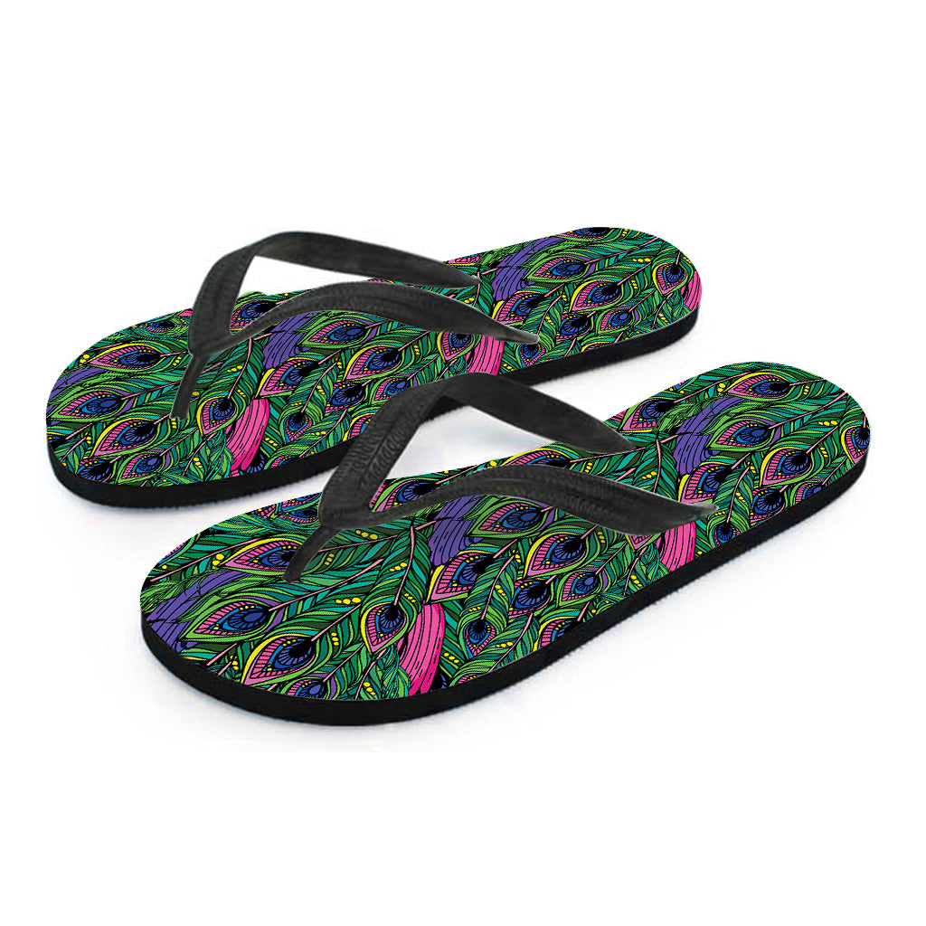 Boho Peacock Feather Pattern Print Flip Flops