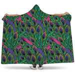 Boho Peacock Feather Pattern Print Hooded Blanket