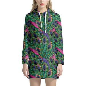 Boho Peacock Feather Pattern Print Hoodie Dress