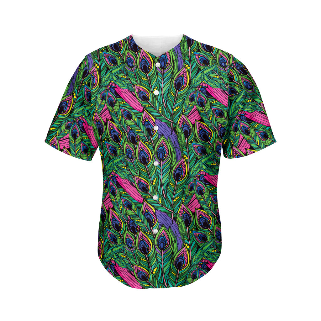 Boho Peacock Feather Pattern Print Men's Baseball Jersey