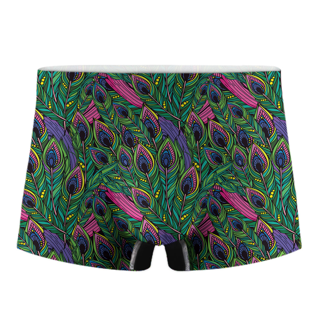 Boho Peacock Feather Pattern Print Men's Boxer Briefs