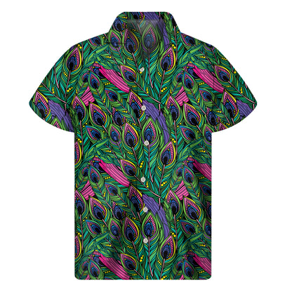 Boho Peacock Feather Pattern Print Men's Short Sleeve Shirt