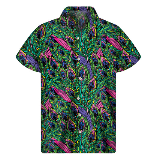 Boho Peacock Feather Pattern Print Men's Short Sleeve Shirt