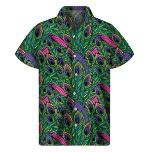 Boho Peacock Feather Pattern Print Men's Short Sleeve Shirt