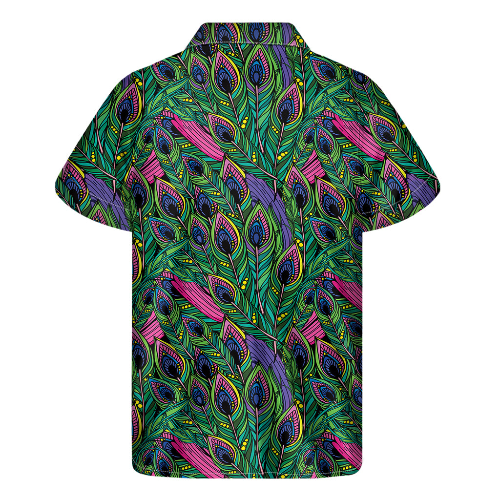 Boho Peacock Feather Pattern Print Men's Short Sleeve Shirt