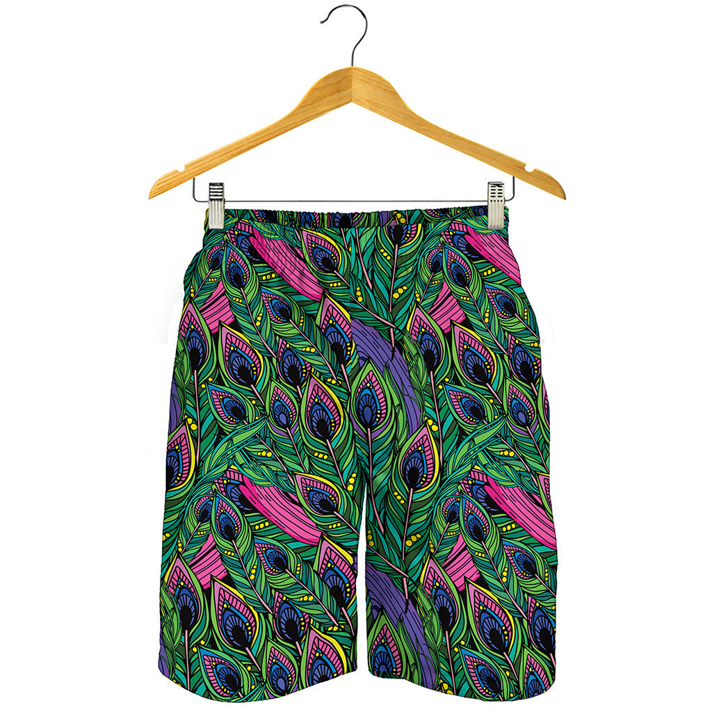 Boho Peacock Feather Pattern Print Men's Shorts