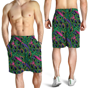 Boho Peacock Feather Pattern Print Men's Shorts