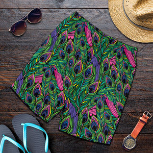 Boho Peacock Feather Pattern Print Men's Shorts