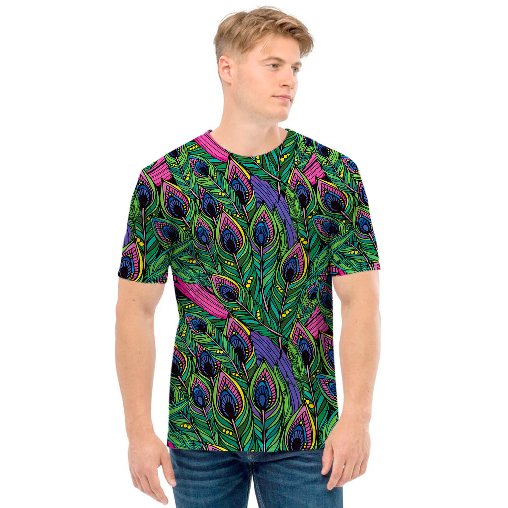 Boho Peacock Feather Pattern Print Men's T-Shirt